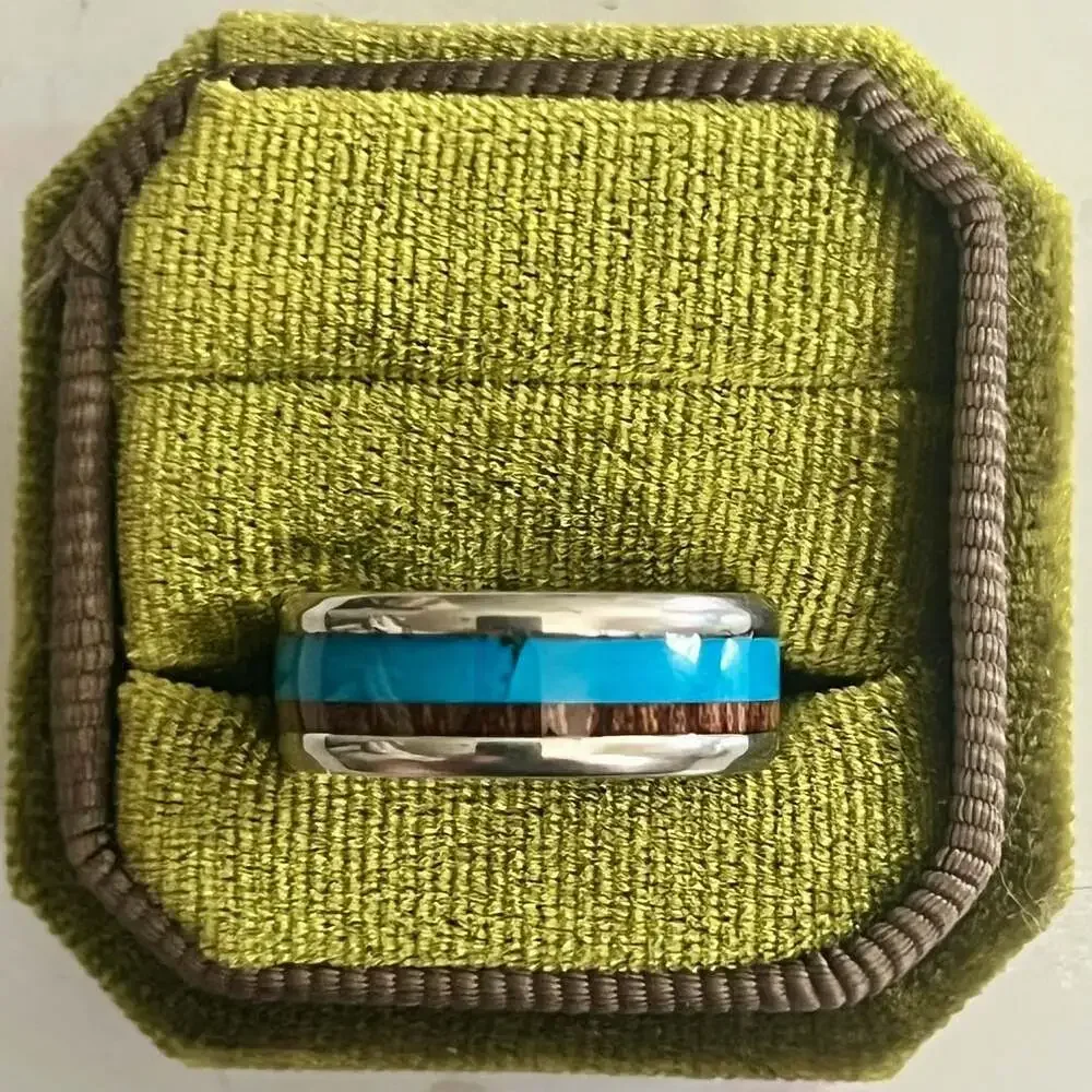 Tungsten Carbide Ring with Dark Koa Wood & Turquoise Inlay 8mm Size 9